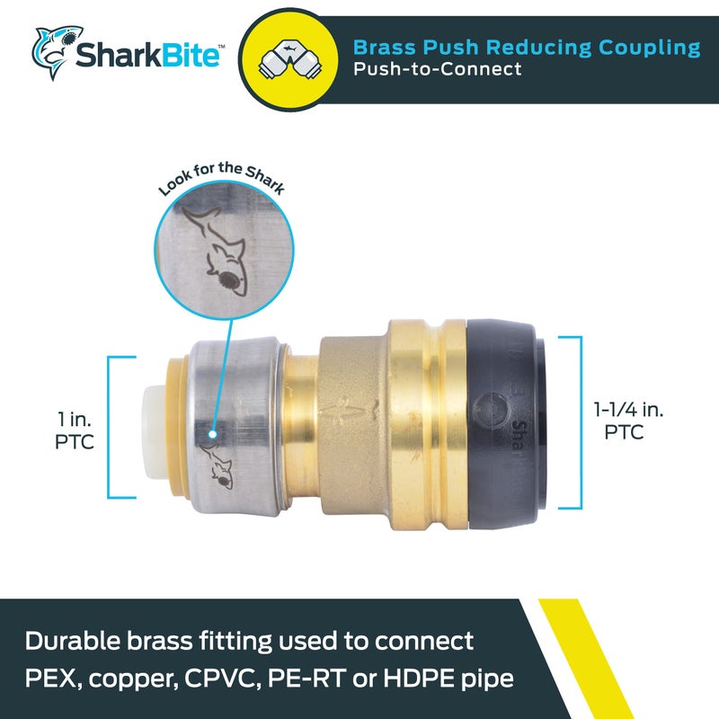 SharkBite 1-1/4 Inch x 1 Inch Reducing Coupling, Push to Connect Brass Plumbing Fitting, PEX Pipe, Copper, CPVC, PE-RT, HDPE, UXL013528 - Image 2